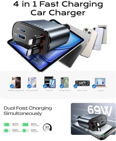 LISEN Retractable Car Charger 4 in 1 for Cars, 84W Retractable USB C, Black
