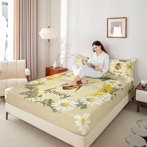 Erosebridal Kawaii Honey Bee Bedding Set Twin Cute Geometric Honeycomb Bed Sheets Farm Rustic Daisy Sheet Set for Kids Girls Teen Women,Soft Honey Bee Fitted Sheet + Flat Sheet + 1 Pillow Case - Image 7