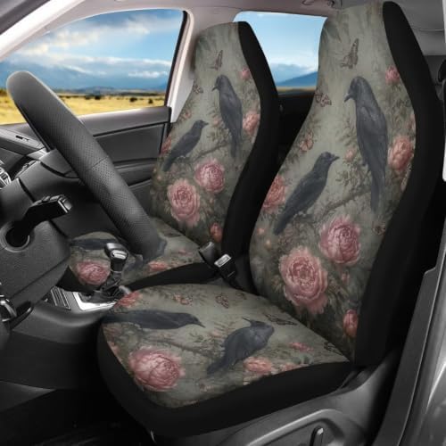 Talayituse Vintage Raven Butterfly Print Car Seat Cover for Front Seats, Stretchy Soft Vehicles Seat Cover Universal Fit High Back Car Interior Accessories for SUV Van Sedan