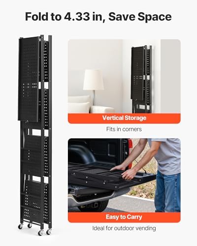 VEVOR 4-Tier Foldable Storage Shelf, 28W x 13D x 54H Inch Folding Metal Rack Shelving Unit, No Assembly Organizer Shelf with 5 Wheels & 4 Hooks for Pantry, Kitchen, Garage, Basement, Black - Image 6