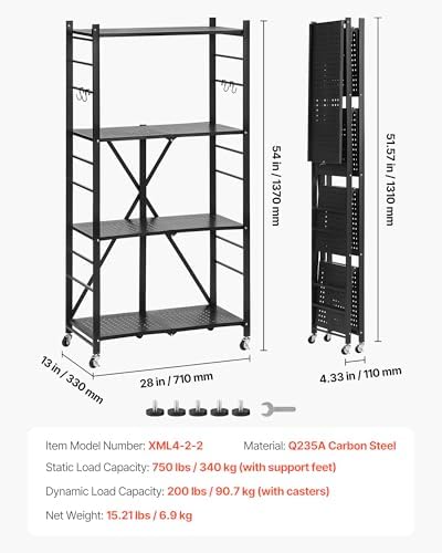 VEVOR 4-Tier Foldable Storage Shelf, 28W x 13D x 54H Inch Folding Metal Rack Shelving Unit, No Assembly Organizer Shelf with 5 Wheels & 4 Hooks for Pantry, Kitchen, Garage, Basement, Black - Image 2