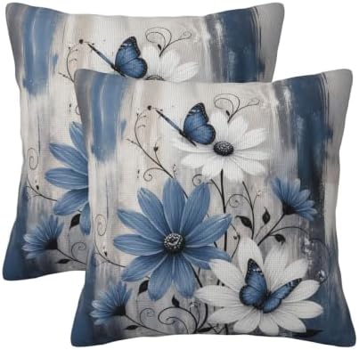 Summer Blue Grey Floral Butterfly Throw Pillow Covers 16x16 Set of 2 by KiuLoam