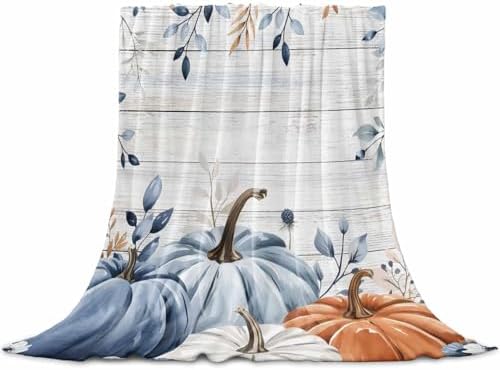 DecorLovee Orange Blue Pumpkins Fall Blanket 40"x60", Reversible Vintage Thanksgiving Throw Blanket for Couch/Bed, Botanical Lightweight Soft Throw Blanket for Boys, Warm Fuzzy Blankets for Winter by DecorLovee
