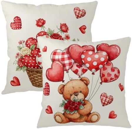 Valentines Day Throw Pillow Covers 18x18 Set of 2 Plaid Heart Balloon - Image 2