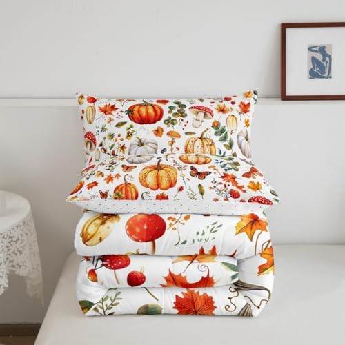 Feelyou Fall Bedding Set for Girls Boys Kids Toddler Size Halloween Pumpkin Autumn Comforter Cover Room Decor Cute Flowers Maple Leaves Duvet Cover White Yellow Orange Quilt Set - Image 3
