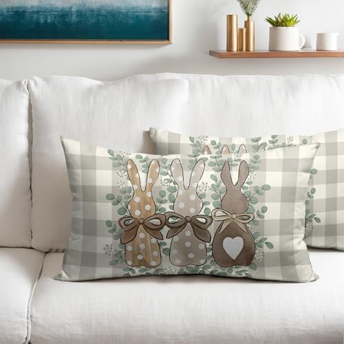 Easter Pillow Covers 12x20 Set of 2 Spring Throw Pillow Covers Rustic Bunny Buffalo Plaid Pillowcase Linen Decoration Farmhouse Soft Decorative Grey Cushion Case Couch for Indoor Outdoor Home Decor - Image 2