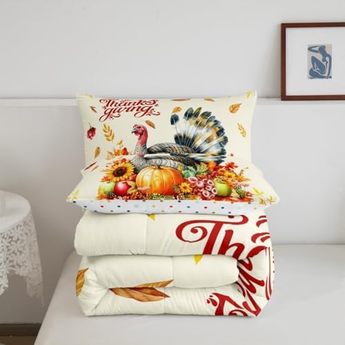Thanksgiving Day Comforter Set Full Size,Watercolor Turkey Pumpkin Bedding Set 3pcs Kids Girls Boys Teens Room Decor,Fall Maple Leaves Quilted Duvet Rustic Farmhouse Duvet Insert,Orange Yellow - Image 5