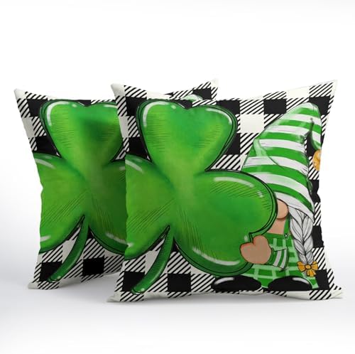 St Patricks Day Pillow Covers 22x22 Set of 2 Shamrock Clover Throw Pillow Covers Spring Pillowcase Linen Decoration Farmhouse Decorative Buffalo Plaid Gnome Cushion Case Couch for Indoor Home Decor - Image 2