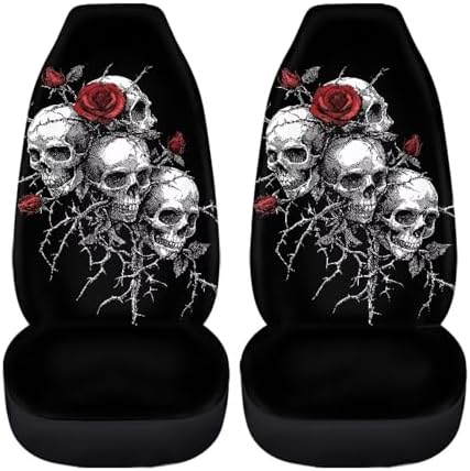 Halloween Skull Rose Car Seat Covers 2 Pcs Universal Front Car Seats Breathable Stretch Polyester Fabric Cover Easy Installation Suitable for Cars, SUV and Trucks