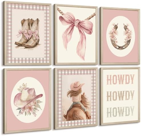 Western Cowgirl Nursery Wall Art Decor Vintage Girl Room Canvas Poster Pink Coquette Nursery Art Prints Preppy Aesthetic Pictures Bow Floral Boots Artwork for Girls Bedroom 8x10 Inch Framed 6Pcs by Unknown