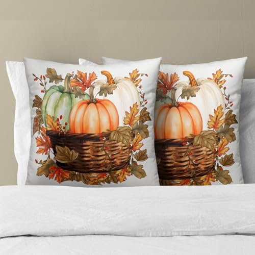 Autumn Pumpkin in the Basket Throw Pillow Covers 20X20 Inches Set of 2 Fall Maple Leaf Flower Pillowcase Soft Cotton Square Harvest Thanksgiving Cushion Covers for Home Sofa Bedroom Decoration - Image 3