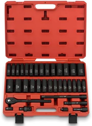 NEIKO 02446A 1/2" Impact Socket Set, 35 Piece, Deep Socket Kit Assortment, Standard SAE (3/8”-1-1/4”) and Metric MM (10-32mm) Sizes, Includes Ratchet Handle and Impact Extension Bars by NeikoTools