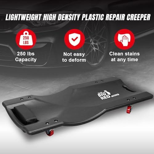 Big RED Torin 36" Rolling Garage Creeper, Shop Creeper Blow Molded Plastic Mechanic Cart with Padded Headrest with 4 Casters, 250 LBS, Black - Image 2