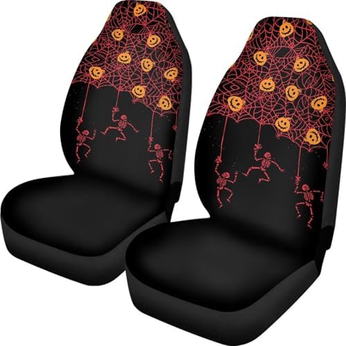 Red Spider Web Skeleton Black Halloween Print Car Seat Cover Colorful Cute Print Front Seat Covers 2 pcs, Vehicle Seat Protector Car Mat Covers, Fit Most Vehicle, Cars, Sedan, Truck, SUV, Van