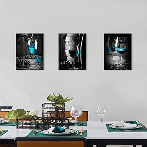Teal Wine Dining Room Wall Decor Black and Blue Pictures Wall Art for Living Room Glass Goblet Canvas Paintings Home Decorations 16x24 Contemporary Turquoise Kitchen Bedroom Prints Posters 3 Pieces - Image 4