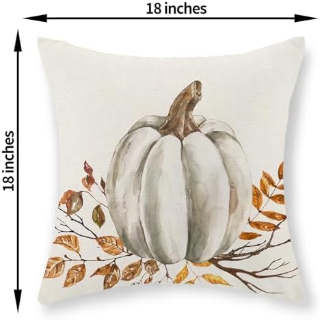 Fall Pillow Covers 18x18 Set of 2 White Pumpkin Leaf Branch Fall Decor Pillowcase Autumn Harvest Thanksgiving Decorative Outdoor Throw Pillow Covers Linen Farmhouse Cushion Case for Couch Home - Image 6