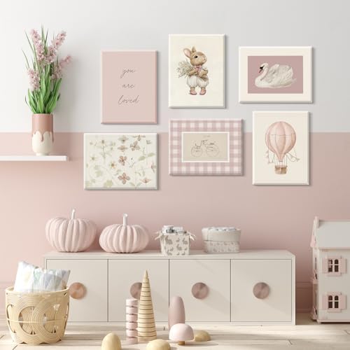 Pink Nursery Wall Art Baby Girl Canvas Wall Decor Vintage Poster Bunny Flower Wall Art Antique Preppy Pictures Animal Floral Prints Kids Swans Painting for Girls Room Bedroom 8x10x6 Inch Framed - Image 3