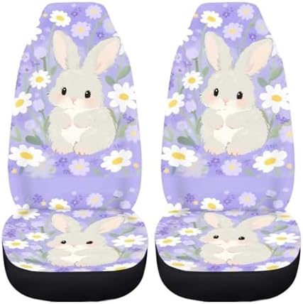 Rabbit Car Seat Covers Universal Accessories 2 Pcs Set, Kawaii Daisy Cartoon Bunny Car Accessories for Auto Trucks Van SUV, Rural Flower Field Auto Interior Protector Set
