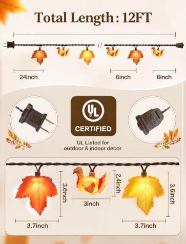 Fall String Lights Plug in, 12Ft 20 LED Maple Leaves Turkey Decor Lights - Image 3