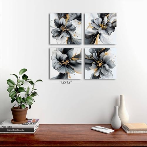 Black and White Gold Flower Wall Art Abstract Wall Decor Marble Texture Picture Canvas Prints Watercolor Minimalist Foil Fluid Framed Poster Modern Artwork for Bedroom Office Home Decoration 12x12 4P - Image 6