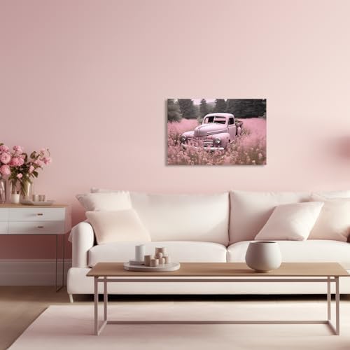 QIXIANG Farmhouse Truck Wall Art for Bedroom Decor Pink Truck and Flowers Picture Prints on Canvas for Bathroom Home with Framed (20.00" x 30.00", Pink) - Image 2