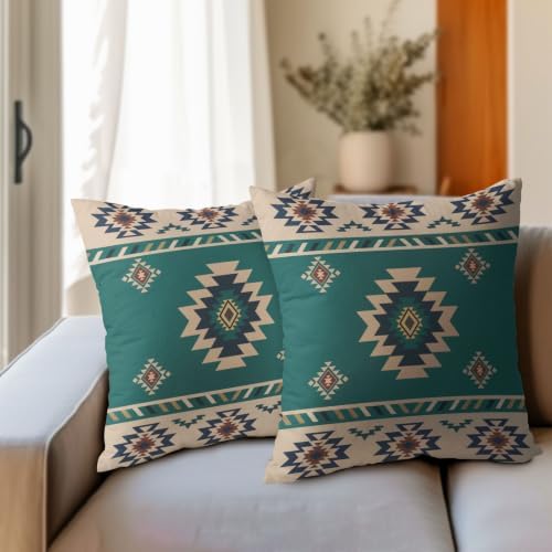 Sweetshow Western Native American Throw Pillow Covers 20x20 Inch Turquoise Blue Aztec Southwest Decorative Pillow Cases for Couch Set of 2 Linen Cushion Cover for Couch Sofa Patio Bedroom Livingroom - Image 6