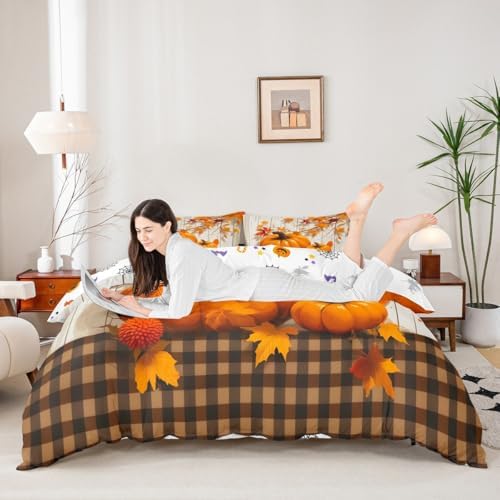 Erosebridal Fall Pumpkin Harvest Duvet Cover Toddler Size, Country Cottage Decor Comforter Cover for Kids Teens Adult Bedroom, Brown Plaid Bedding Set Rustic Maple Autumn Leaves Bedspread Cover - Image 3