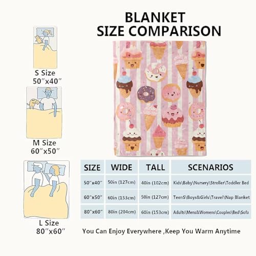 Cute Dessert Blanket Donut, Ice Cream and Cupcake Pink Throw Blankets,Birthday Gifts for Kids Girls Women,Lightweight Soft Fleece,Sweet Food Lovers,Sofa Couch Bed Room Modern Decor 50x60in - Image 3
