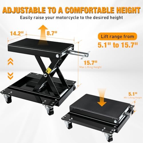 Nilight Motorcycle Lift 1100 LBS ATV Scissor Lift Jacks with Dolly Wheels Crank Handle 5.1"-15.7" Hoist Stand Heavy Duty Steel Lifter Jack for Motorcycles Dirt Bike Garage Storage Repair Tool, Black - Image 3