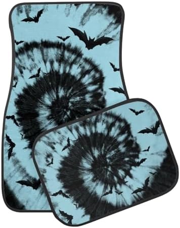 Aqua Black Tie Dye Bat Print Funny Halloween Car Floor Mats 4 PCS, Cute Durable Interior Accessories for Car SUV, All Weather Floor Mats with Front Rear Trunk Liners Set for Party
