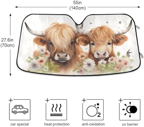 Car Windshield Sun Shade Highland Cows Flower Foldable UV Ray Sun Visor Protector Sunshade to Keep Your Vehicle Cool 55" x 27.6"