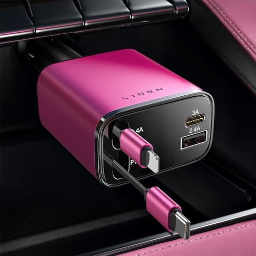 LISEN Retractable Car Charger, 84W Car Charger USB C Fast Charger Adapter, Car Accessories for Men Women, Gifts for Fathers Day for Men Dad Husband, for iPhone 17 16 15 14 13 12 Pro Max, Pink-Black