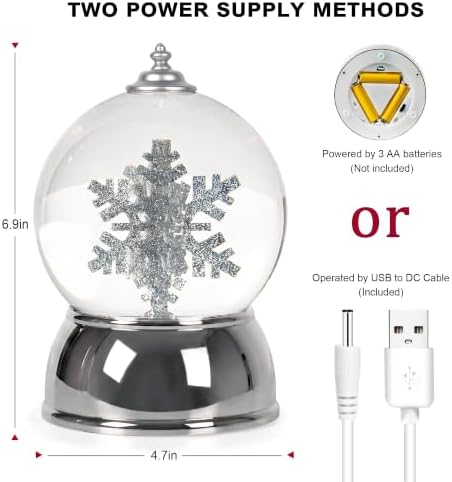 Christmas Snow Globe with Music & Swirling Glitter, Silver Snowflake Snow Globe with Timer, USB & Battery Powered Musical Water Globe for Indoor Christmas Decorations, Tabletop - Image 5
