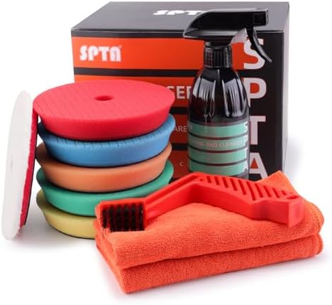 SPTA 10 Pcs Detailing Set,5Pc Buffing Polishing Pads,1 Microfiber Finish Pad,1-16 oz Cleaner,1 Conditioning Brush,2-16"16" Microfiber Towel for Dual Action & Rotary Polishers,5inch (125mm) (Pack of 6) by SPTA