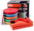 SPTA 10 Pcs Detailing Set, 5Pc 5 inch Buffing Polishing Pads, 1 Microfiber Finish Pad, 1-16 oz Polishing Cleaner, 1 Conditioning Brush, 2-16"*16" Microfiber Towel. for Dual Action and Rotary Polishers by SPTA