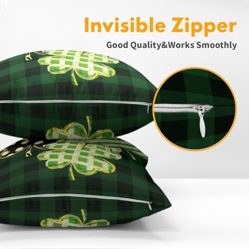 St Patricks Day Pillow Covers 16x16 Set of 2 Shamrock Clover Dark Green Throw Pillow Covers Spring Pillowcase Linen Farmhouse Decorative Buffalo Plaid Cushion Case Couch for Indoor Home Decor - Image 5
