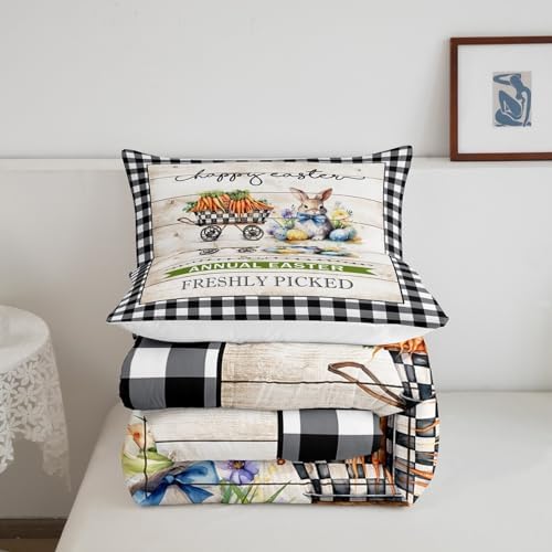 Homewish Easter Rabbit Comforter Set Twin Size,Watercolor Carrot Eggs Flower Bedding Set for Kids Girls Boys Adult Room Decor,Rustic Farmhouse Quilt Set Black White Plaid Duvet Insert,1 Pillowcase - Image 5