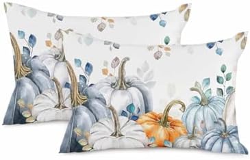 Blue Orange Pumpkins Fall Pillow Covers 12x20 Inch Set of 2, Thanksgiving Decorations Leaves Outdoor Throw Pillow Covers, Autumn Holiday Square Pillowcases for Patio Sofa Couch Bedroom Decorative by JasmineM