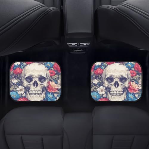 Sugar Skull Car Accessories Floor Mats 4PCS, Floral Rubber Front and Rear Mats Non-Slip Floor Mats, All Season Heel Pad Fit for SUV Van