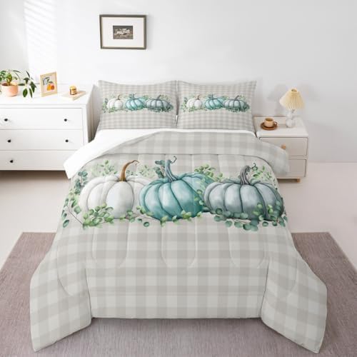Erosebridal Pumpkins Comforter Set King Size Eucalyptus Leaves Bedding Set for Teens Kids Adult Fall Autumn Thanksgiving Harvest Vintage Down Comforter Blue Botanical Grid Bedroom Decor Quilted Duvet - Image 4