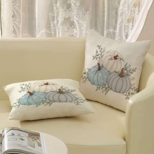 Fall White Teal Blue Pumpkin Leaf Pillow Covers 18x18 Set of 2 - Image 5