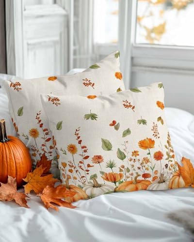 Fall Green Orange Pumpkin Pillow Covers 20x20 Inch Set of 2, Thanksgiving Autumn Wildflowers Decorations Indoor Outdoor Throw Pillows, Orange Blue Linen Pillowcases for Patio Sofa Couch Bedroom - Image 2