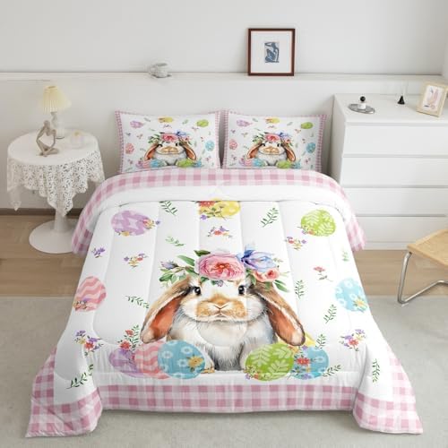 Homewish Happy Easter Comforter Set King Size Cute Rabbit Animals Bedding Set 3pcs for Kids Girls Women Boys Room Decor Colorful Flowers Egg Quilt Set Pink Geometric Grid Duvet Insert,2 Pillowcases - Image 6