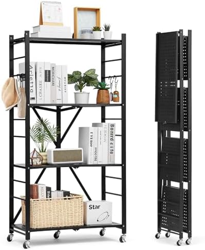 VEVOR 4-Tier Foldable Storage Shelf, 28W x 13D x 54H Inch Folding Metal Rack Shelving Unit, No Assembly Organizer Shelf with 5 Wheels & 4 Hooks for Pantry, Kitchen, Garage, Basement, Black by VEVOR