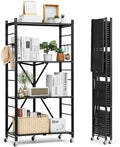 VEVOR 4-Tier Foldable Storage Shelf, 28W x 13D x 54H Inch Folding Metal Rack Shelving Unit, No Assembly Organizer Shelf with 5 Wheels & 4 Hooks for Pantry, Kitchen, Garage, Basement, Black by VEVOR