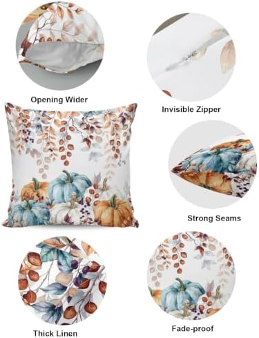 Thanksgiving Pumpkin Pillow Covers 18x18 Inch Set of 2, Eucalyptus Leaves Fall Decorations Indoor Outdoor Throw Pillow Covers, Orange Blue Linen Pillowcases for Patio Sofa Couch Bedroom Decorative - Image 6