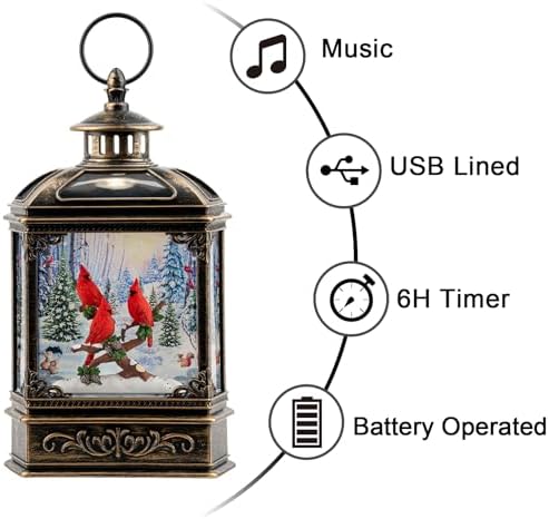 Christmas Snow Globe Water Glittering Cardinal with Music, USB Lined/Battery Operated Lighted Lantern for Christmas Festival Decoration Gifts - Image 5