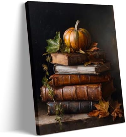Vintage Pumpkin Still Life Wall Art – Antique Books with Fall Leaves Canvas Print,Dark Academia Autumn Aesthetic Poster for Reading Nook Decor 24x36in Large Frame wall art by Unknown