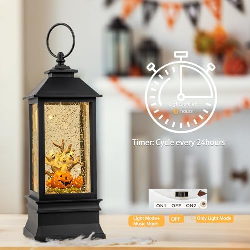 Halloween Snow Globe Lantern Water Glittering Spooky Ghosts in Pumpkins with Music, USB Lined/Battery Operated Lighted Lantern for Halloween Festival Decoration Gifts - Image 2