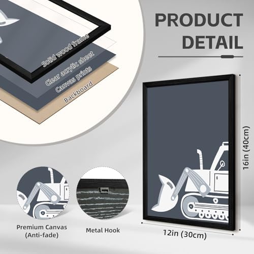 Pouydmi Construction Truck Wall Art Nursery Canvas Wall Decor Boys Room Wall Art Kids Car Posters Toddler Prints Nursery Artwork Excavator Tractor Pictures for Playroom Bedroom 12x16x6 Inch Unframed - Image 2